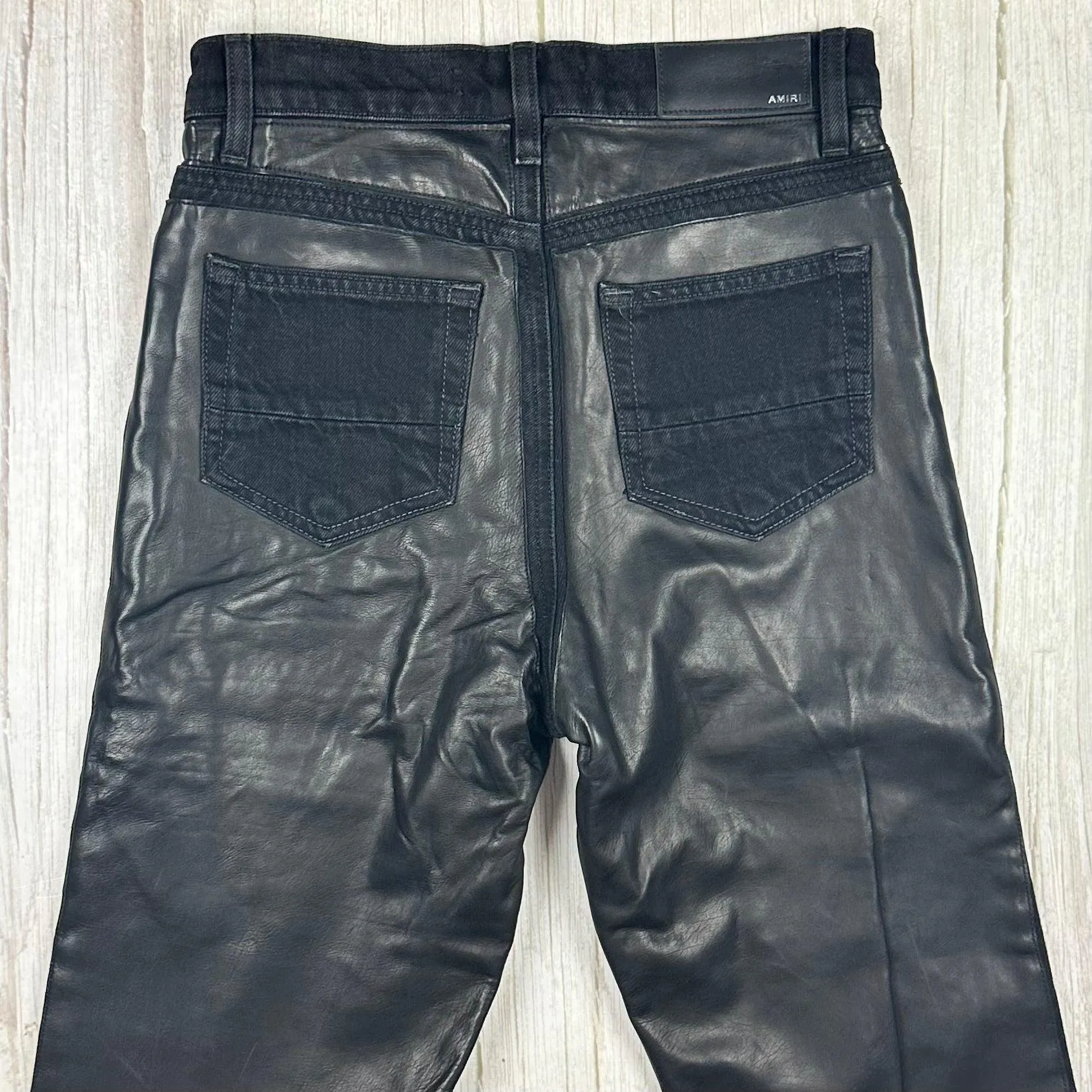 Amiri Black Leather & Denim Kick Flare Jeans- Size 26 or 8AU