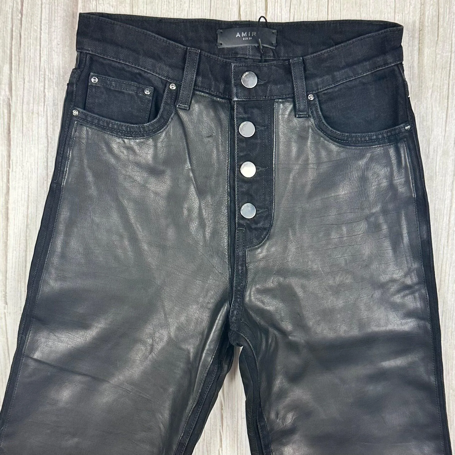 Amiri Black Leather & Denim Kick Flare Jeans- Size 26 or 8AU