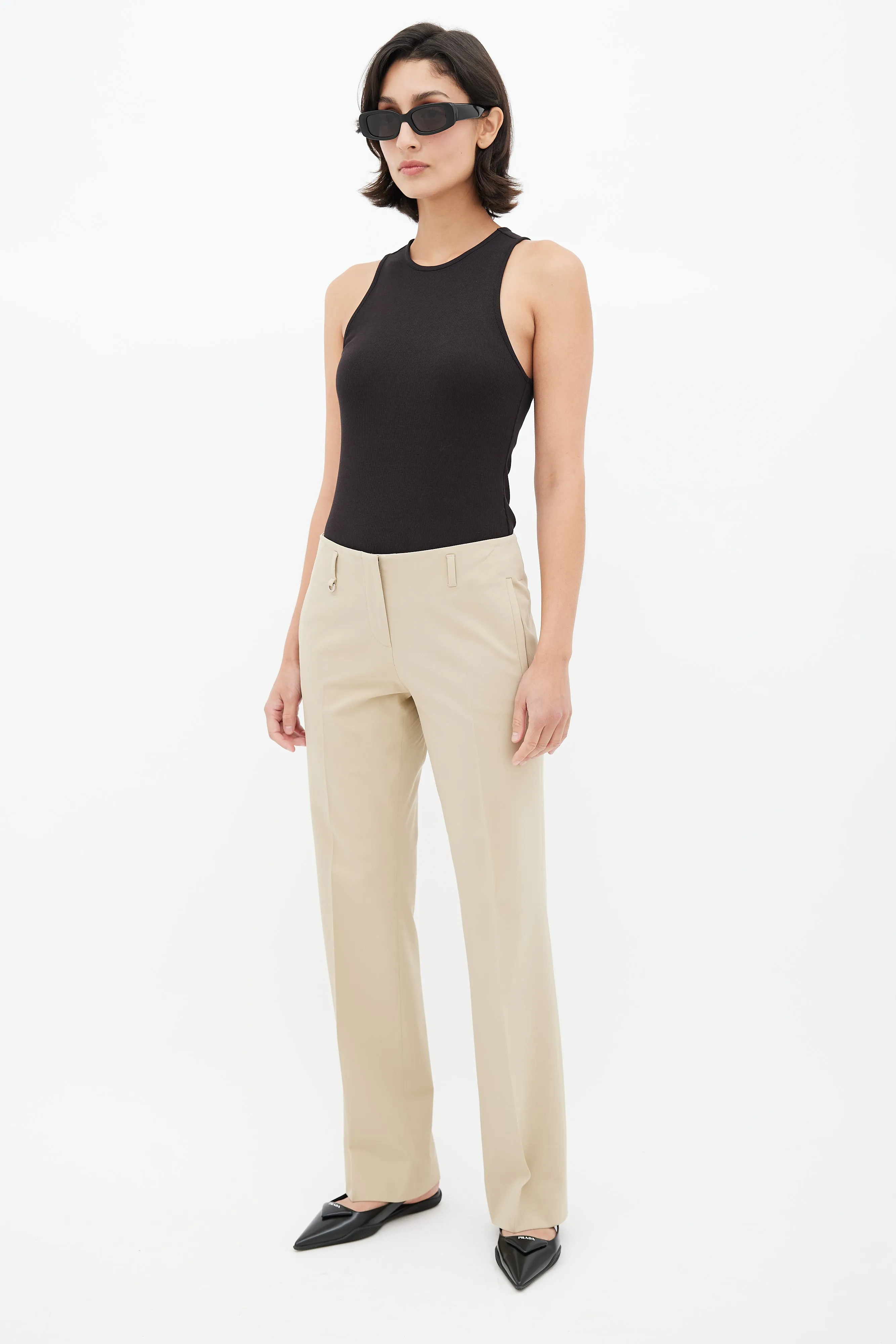 Beige Nylon Pleated Trouser