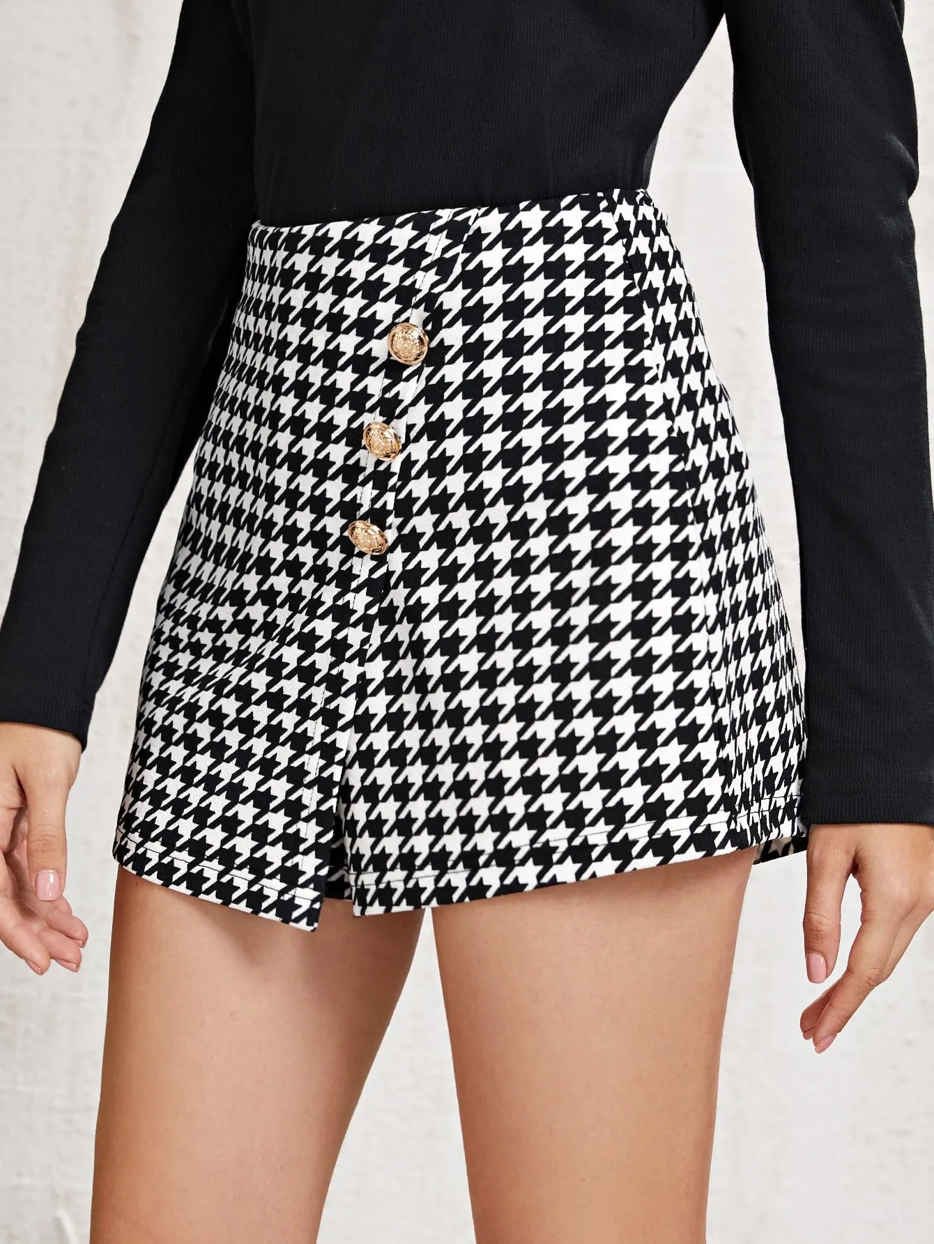 Casual Houndstooth Button Front High Waist Women Shorts
