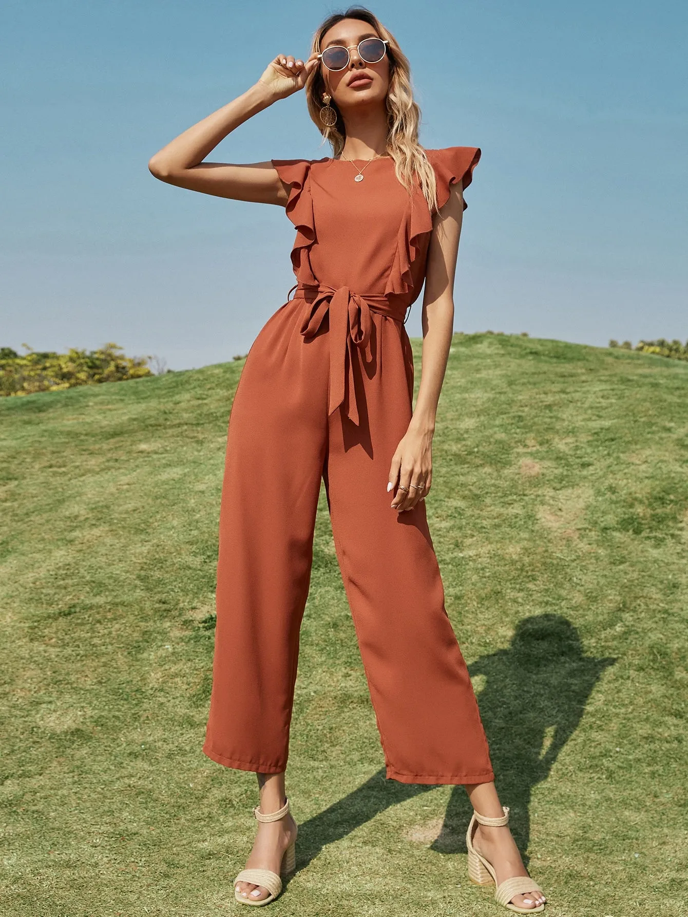 Casual Plain Belted Sleeveless Round Neck High Waist Long Women Jumpsuit