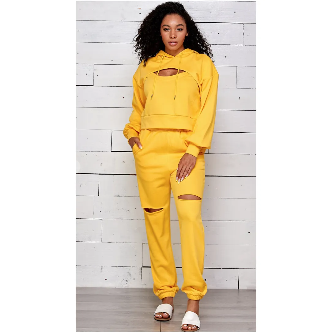 Cut Out Hooded Jogger Pants Set