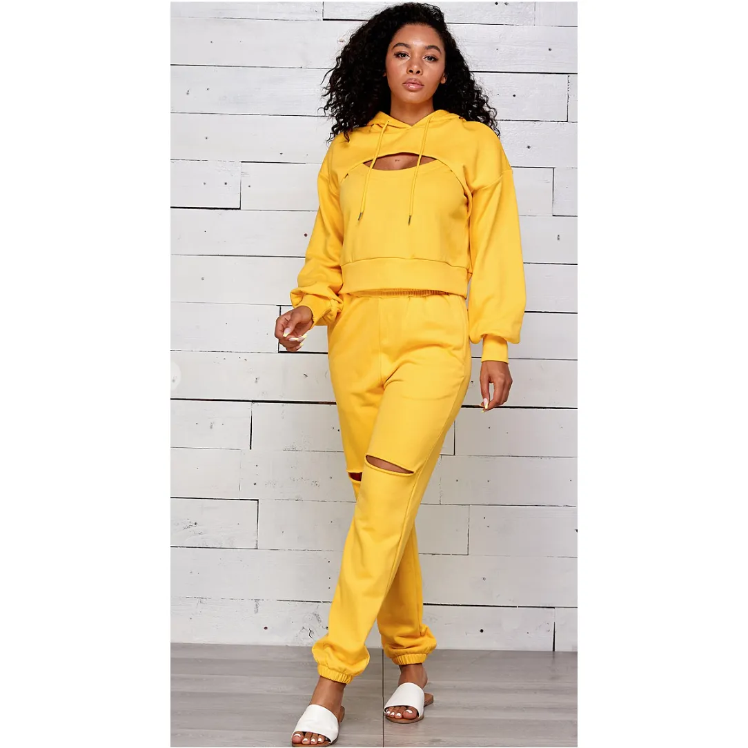 Cut Out Hooded Jogger Pants Set