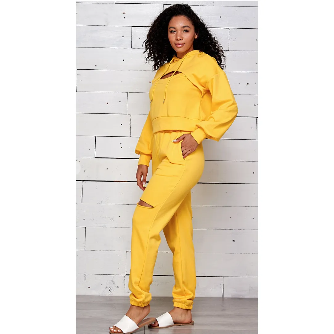 Cut Out Hooded Jogger Pants Set