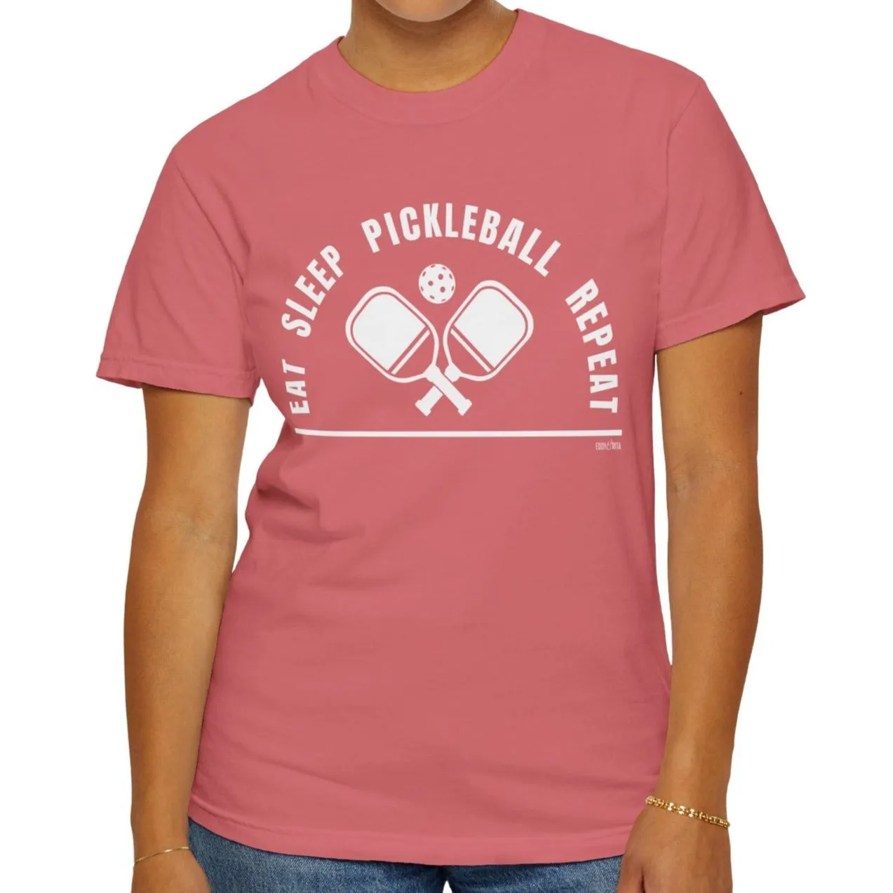 Eddy and Rita Women's Comfort Colors T-Shirt - "Eat Sleep Pickleball Repeat" Colorful Graphic Tee for Pickleball Enthusiasts