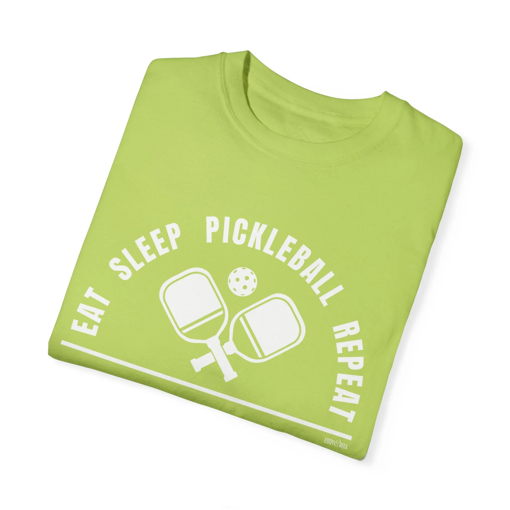 Eddy and Rita Women's Comfort Colors T-Shirt - "Eat Sleep Pickleball Repeat" Colorful Graphic Tee for Pickleball Enthusiasts