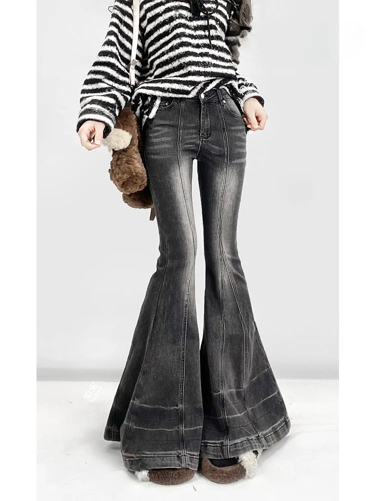 Grey Low Waist Flare Silhouette Jeans