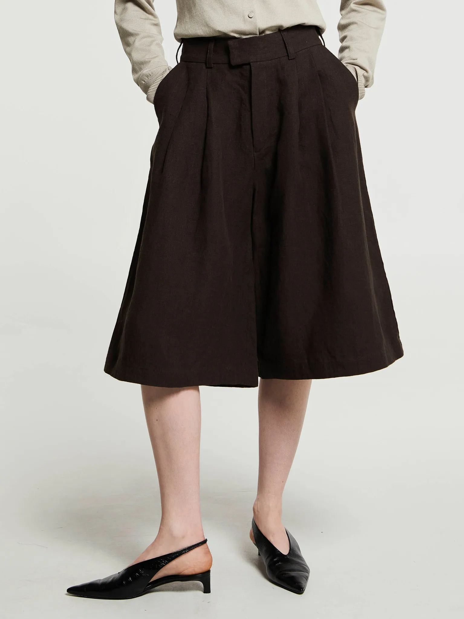 Linen Culottes Pants in Dark Brown