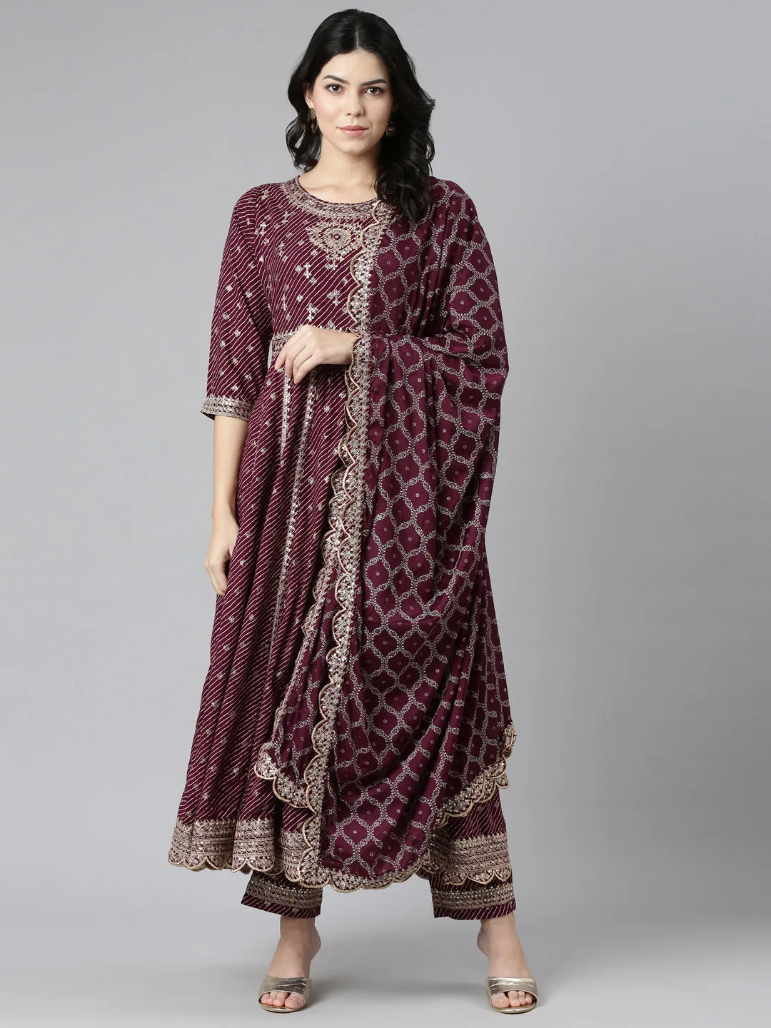 Neeru's Purple Pleated Straight Embroidered Kurta And Trousers With Dupatta