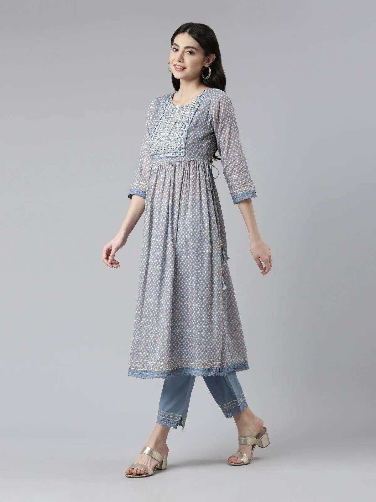 Neerus Women Ethnic Motifs Printed Pleated Mirror Work Kurta with Trousers & Dupatta