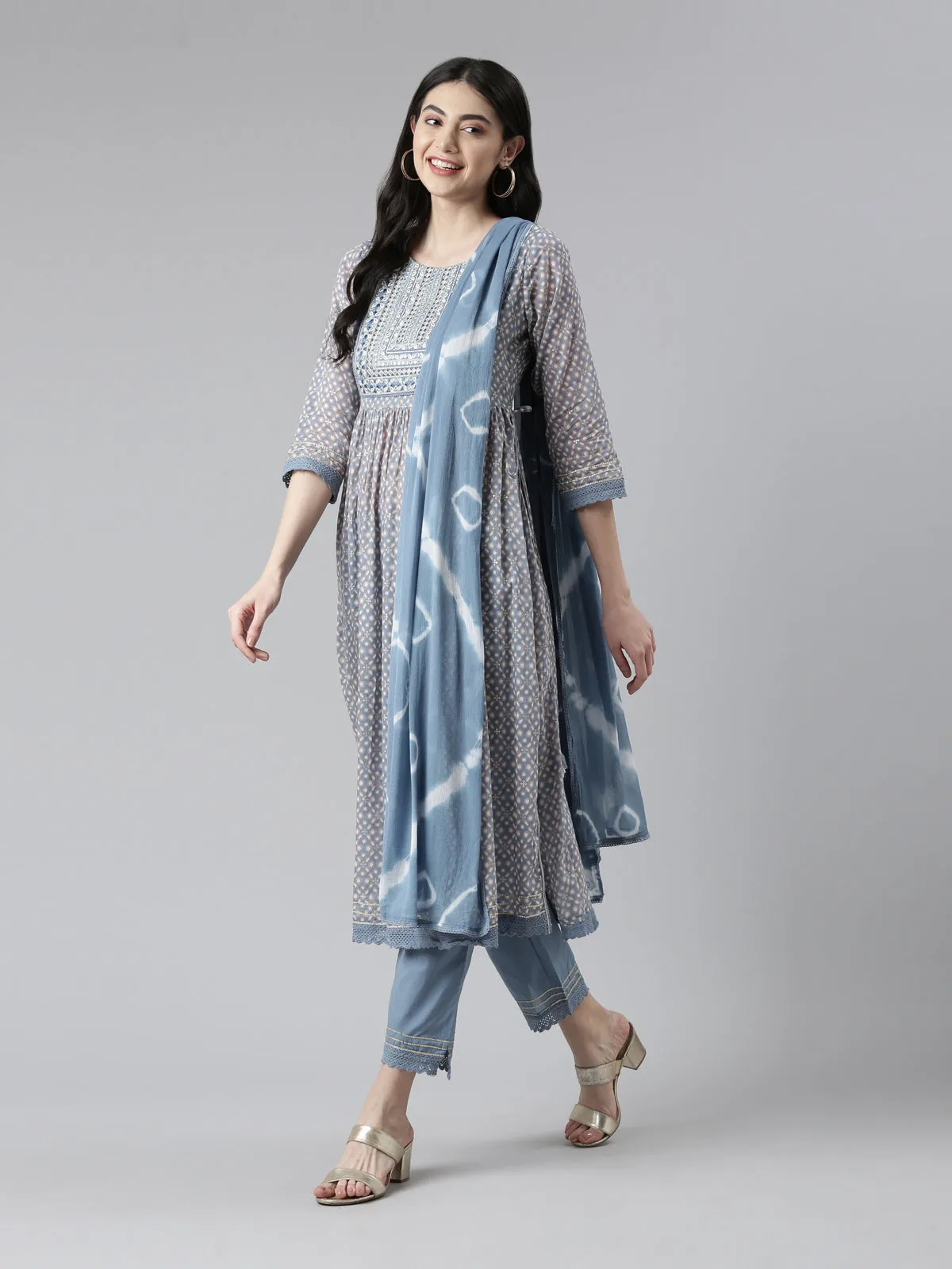 Neerus Women Ethnic Motifs Printed Pleated Mirror Work Kurta with Trousers & Dupatta