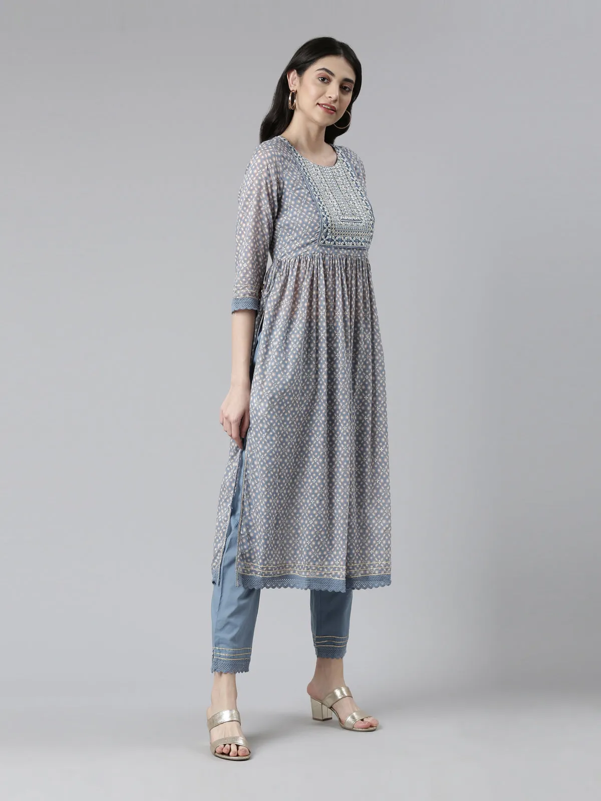 Neerus Women Ethnic Motifs Printed Pleated Mirror Work Kurta with Trousers & Dupatta