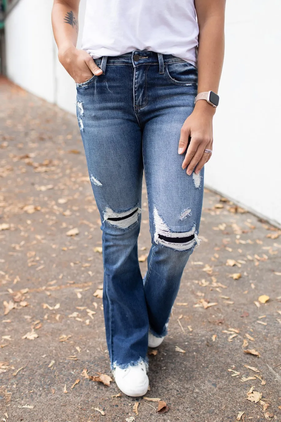 Piper Destroyed Patched Mid Rise Flare Jeans (1-15) - 34" Inseam