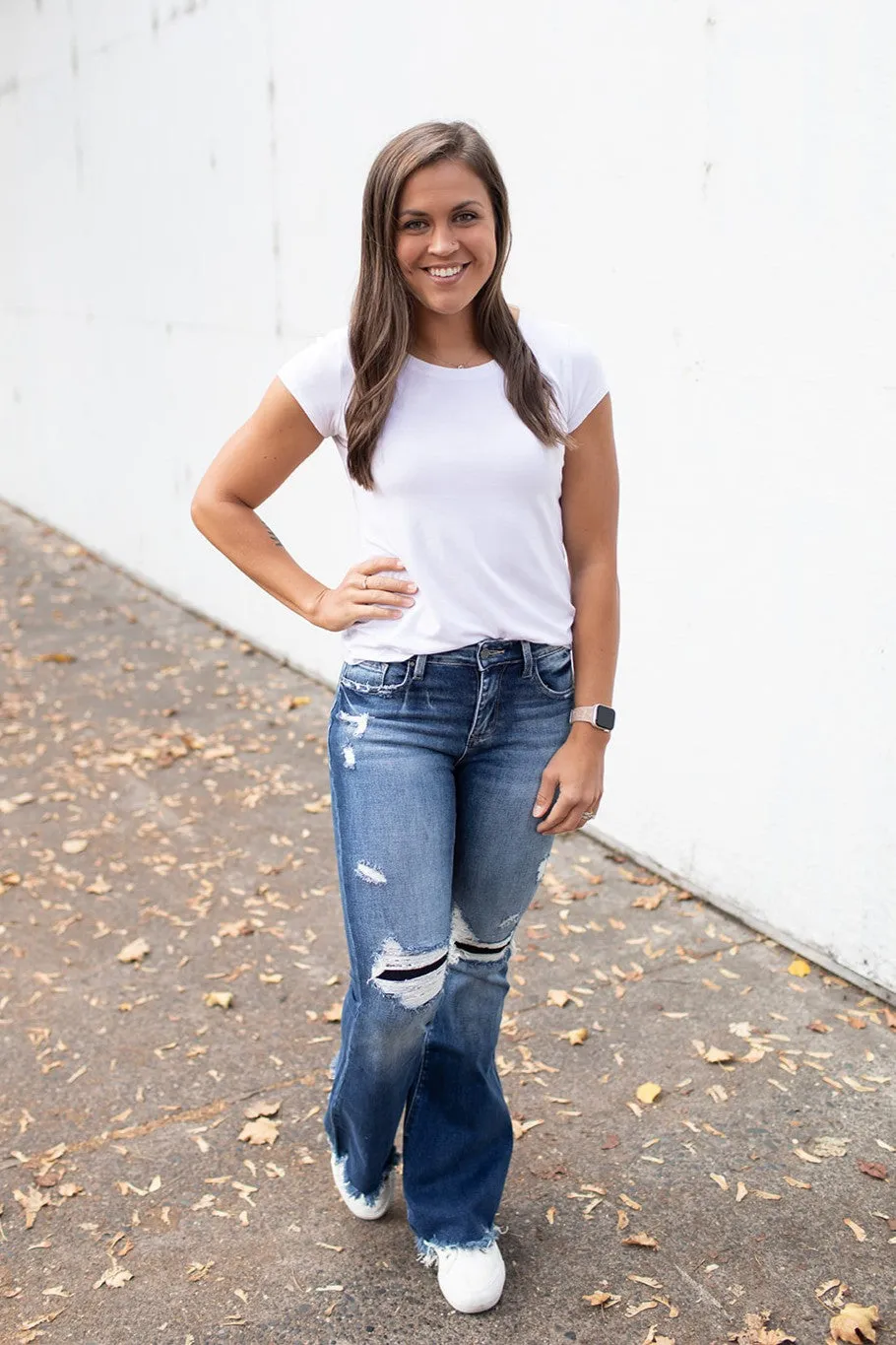 Piper Destroyed Patched Mid Rise Flare Jeans (1-15) - 34" Inseam