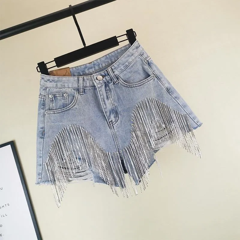 Women luxurious Tassel Rhinestone Fringed Hole Jeans Shorts Female High Waist 2020 Summer Fashion Designer Wide Leg Denim Shorts