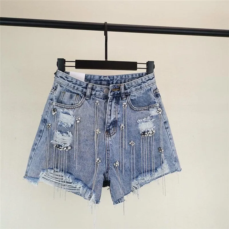 Women luxurious Tassel Rhinestone Fringed Hole Jeans Shorts Female High Waist 2020 Summer Fashion Designer Wide Leg Denim Shorts