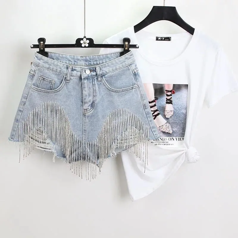 Women luxurious Tassel Rhinestone Fringed Hole Jeans Shorts Female High Waist 2020 Summer Fashion Designer Wide Leg Denim Shorts
