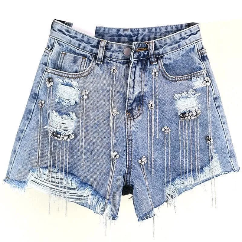 Women luxurious Tassel Rhinestone Fringed Hole Jeans Shorts Female High Waist 2020 Summer Fashion Designer Wide Leg Denim Shorts