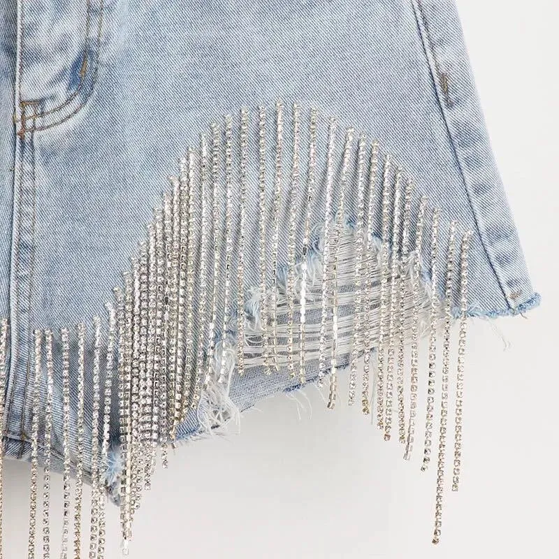 Women luxurious Tassel Rhinestone Fringed Hole Jeans Shorts Female High Waist 2020 Summer Fashion Designer Wide Leg Denim Shorts