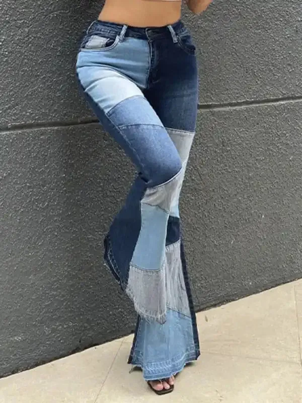 Women’s two-color splicing street washed flared jeans
